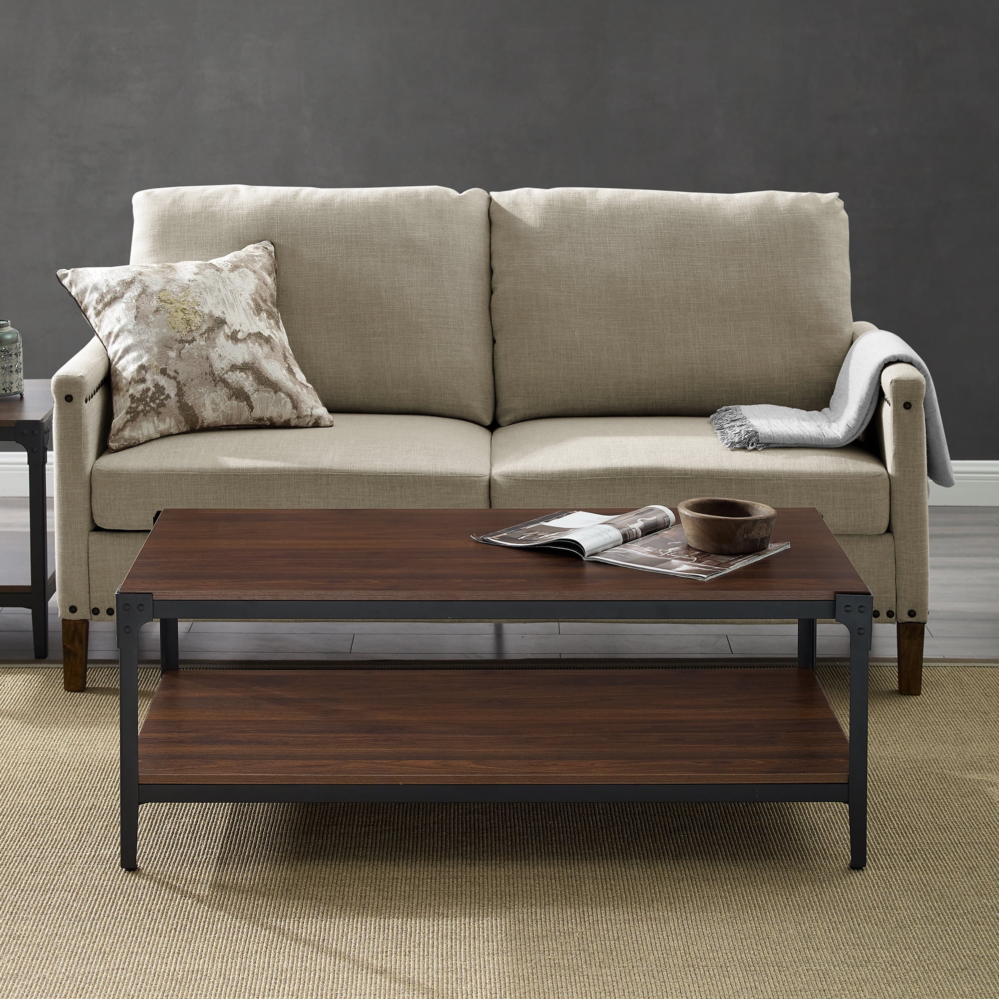 Walker Edison 48" Dark Walnut Angle Iron Coffee Table